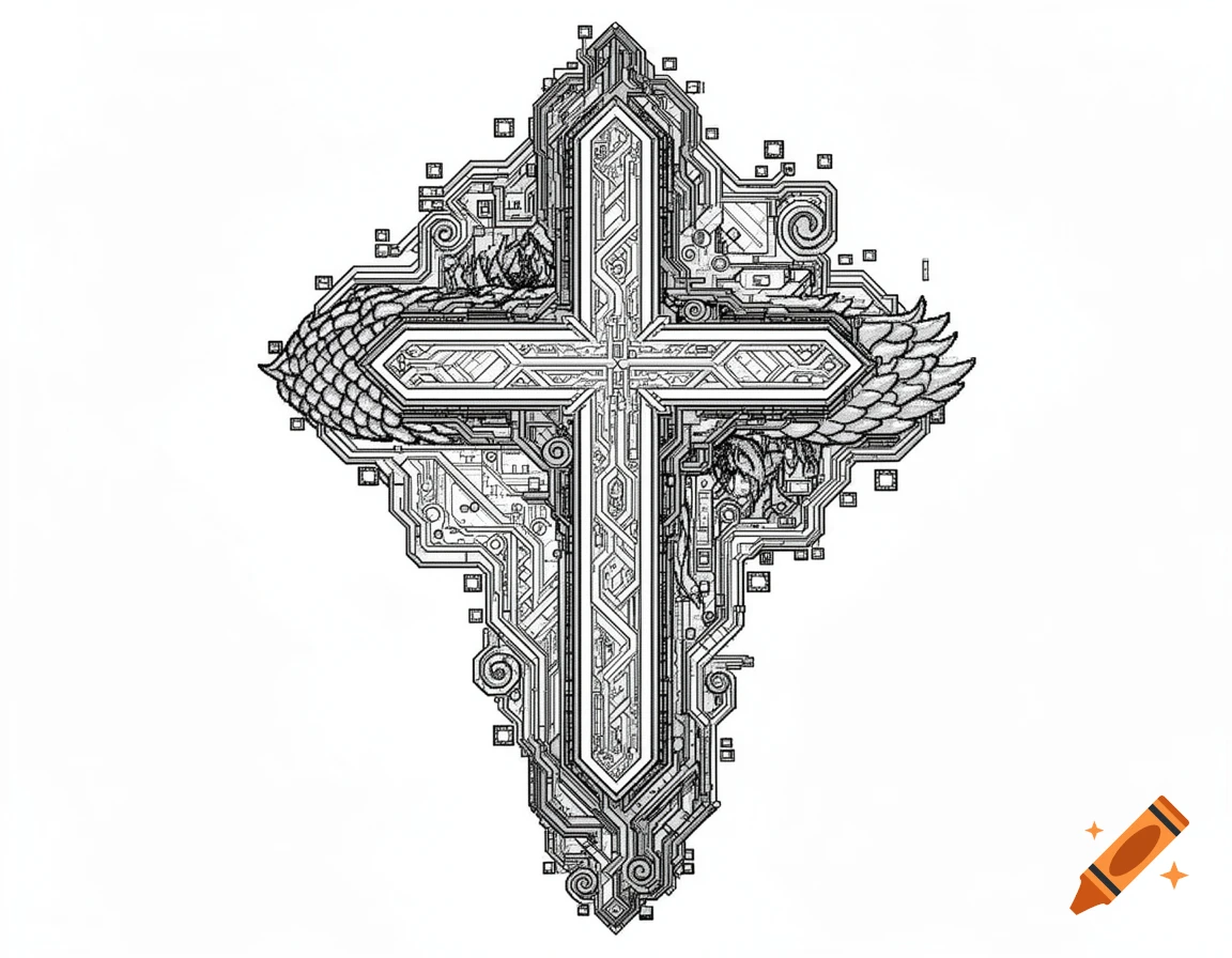 Black and white line art of a stylized Christian cross with intricate circuitry patterns, dragon scales, and feathered wings.