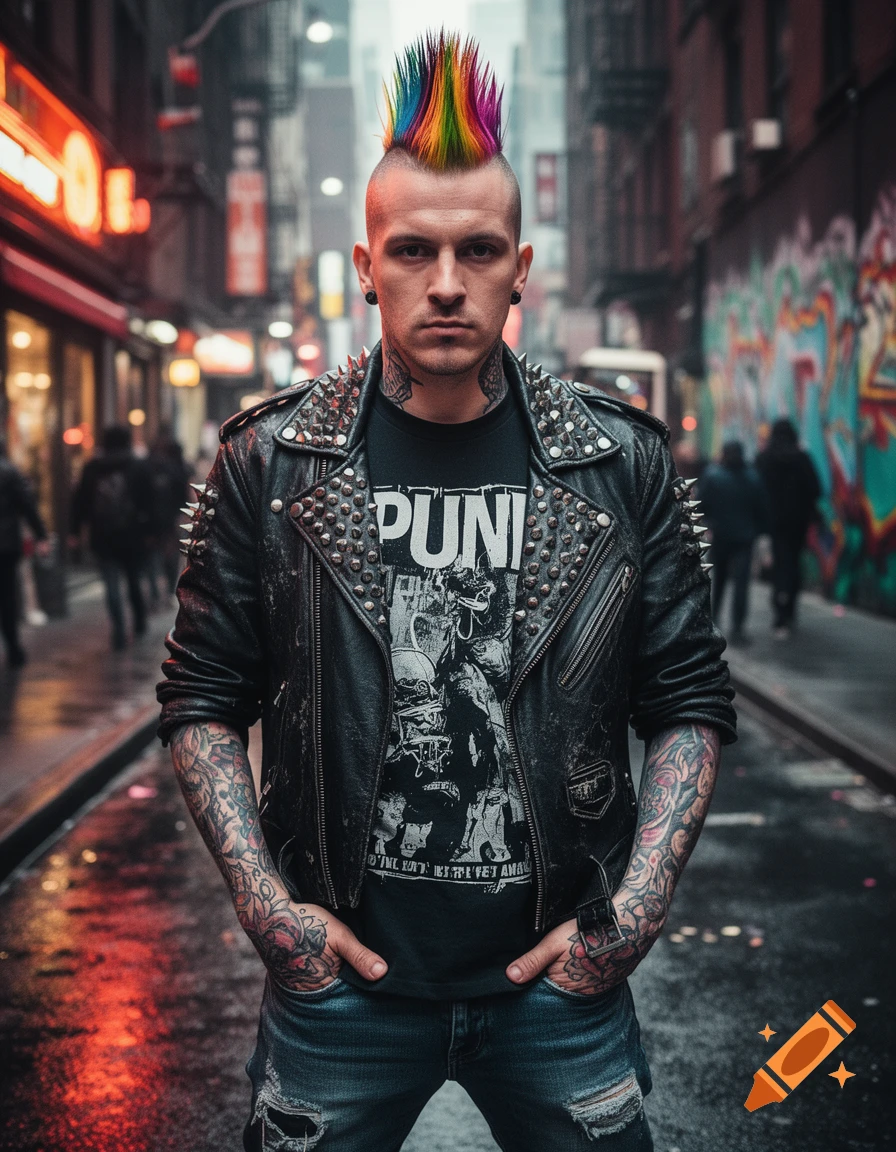 Photorealistic portrait of a punk man with a rainbow mohawk, studded leather jacket, and tattoos, standing on a wet city street.