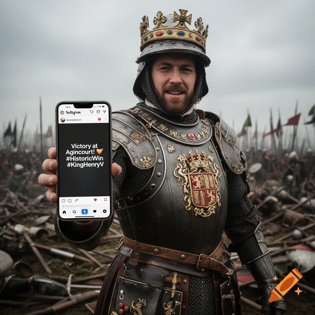 A medieval king in armor holds a smartphone showing an Instagram post about the Battle of Agincourt on a battlefield.