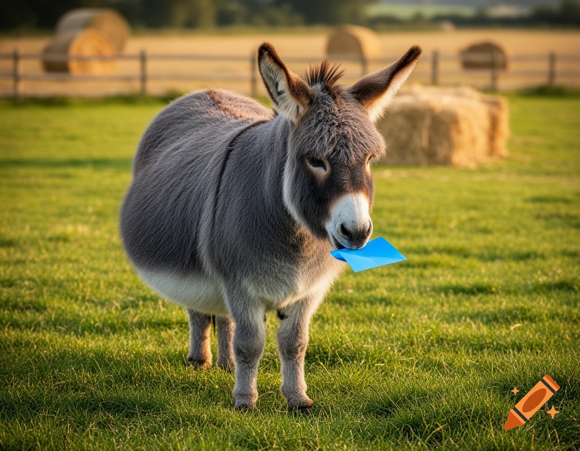 A plump donkey stands in a sunlit green field, holding a blue piece of paper in its mouth, with hay bales in the background.