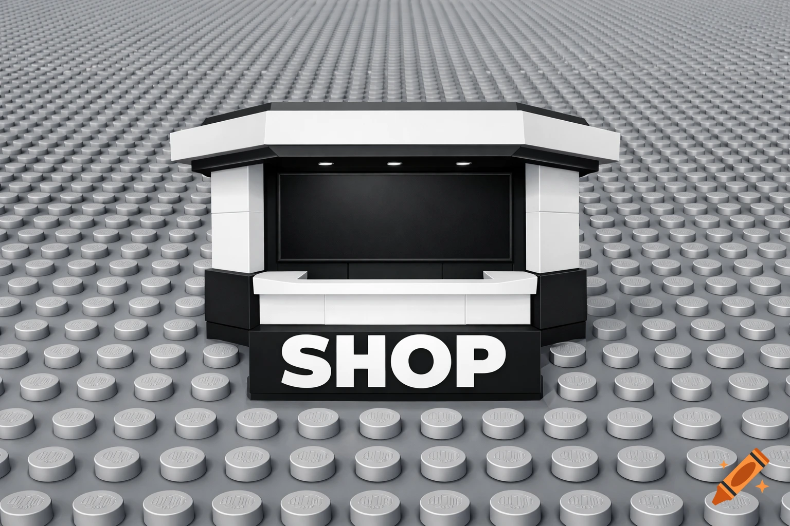 A modern black and white shop stand with 'SHOP' text, set on a grey studded building block background in a 3D render.