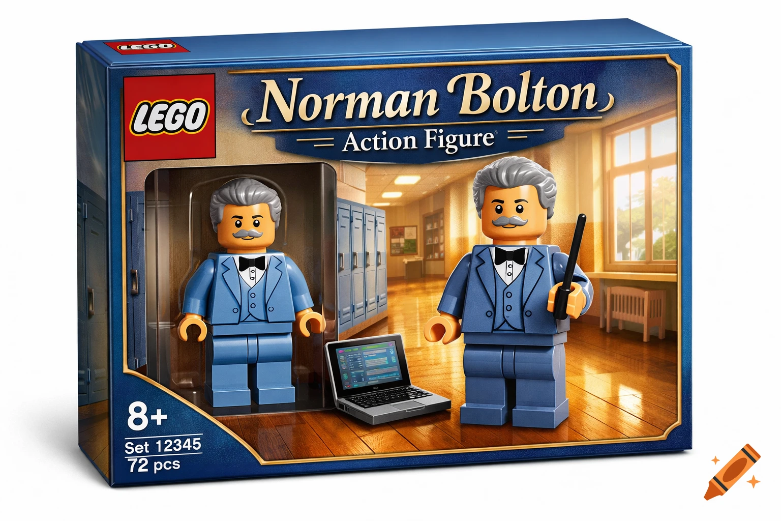 A Lego box for 'Norman Bolton Action Figure' featuring a man in a blue suit with a mustache, a laptop, and a school corridor background.