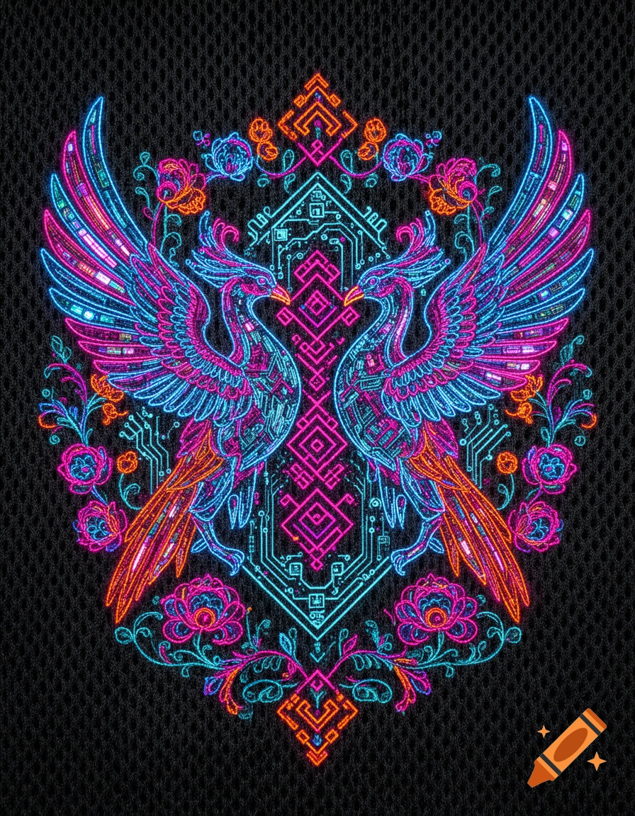 Two symmetrical, stylized birds with large wings, facing each other amidst neon floral and circuit board patterns in electric blue, hot pink, and orange on a black mesh background.