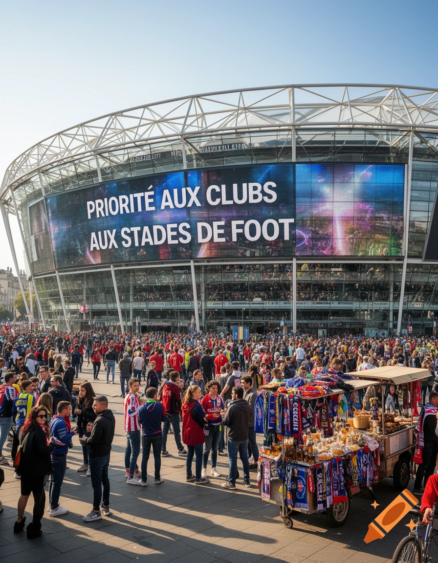 A large crowd gathers outside a modern football stadium with a giant screen displaying text 'PRIORITÉ AUX CLUBS AUX STADES DE FOOT'.