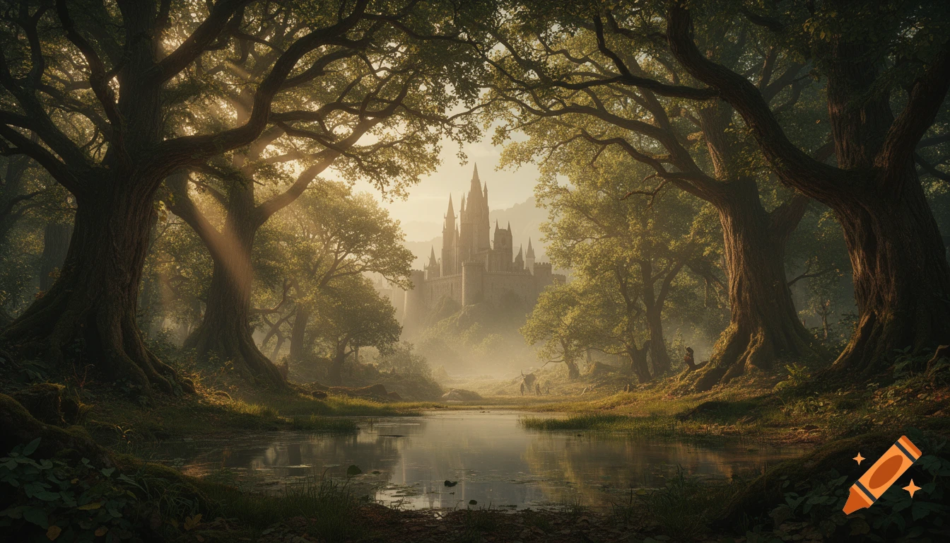 Sunlit fantasy forest with a calm pond reflecting a distant, majestic castle under a hazy sky.