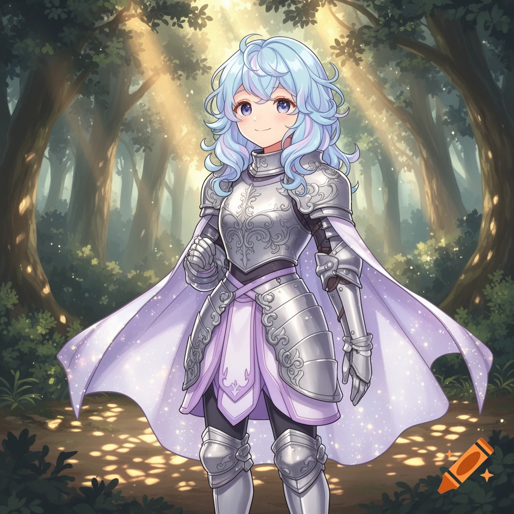 An anime knight with light blue hair, in ornate silver armor and a sparkly lavender cape, stands in a sunlit forest.