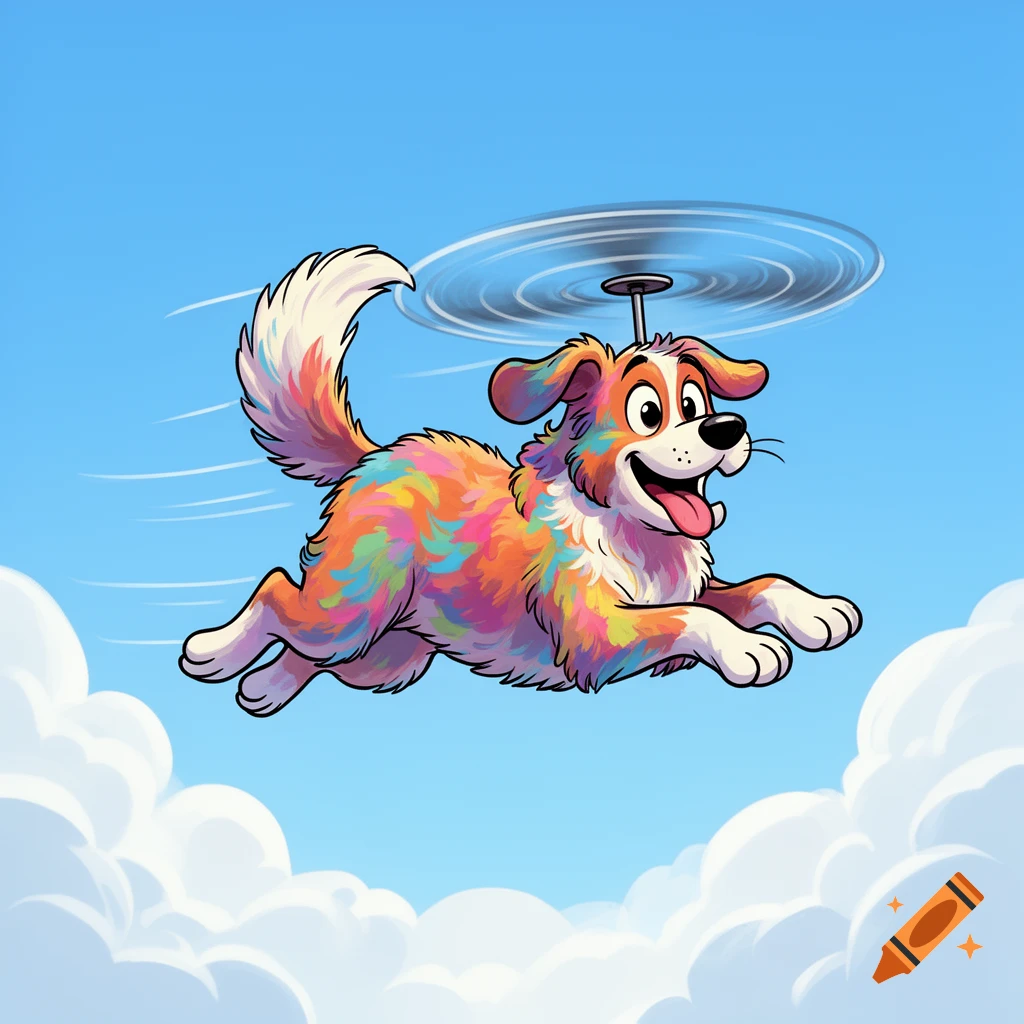 A happy, colorful cartoon dog with a helicopter propeller on its head flies through a blue sky with white clouds.