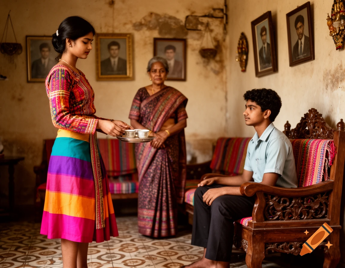Young woman in colorful dress serves tea to a seated young man in a traditional Jaffna home, with an older woman observing.