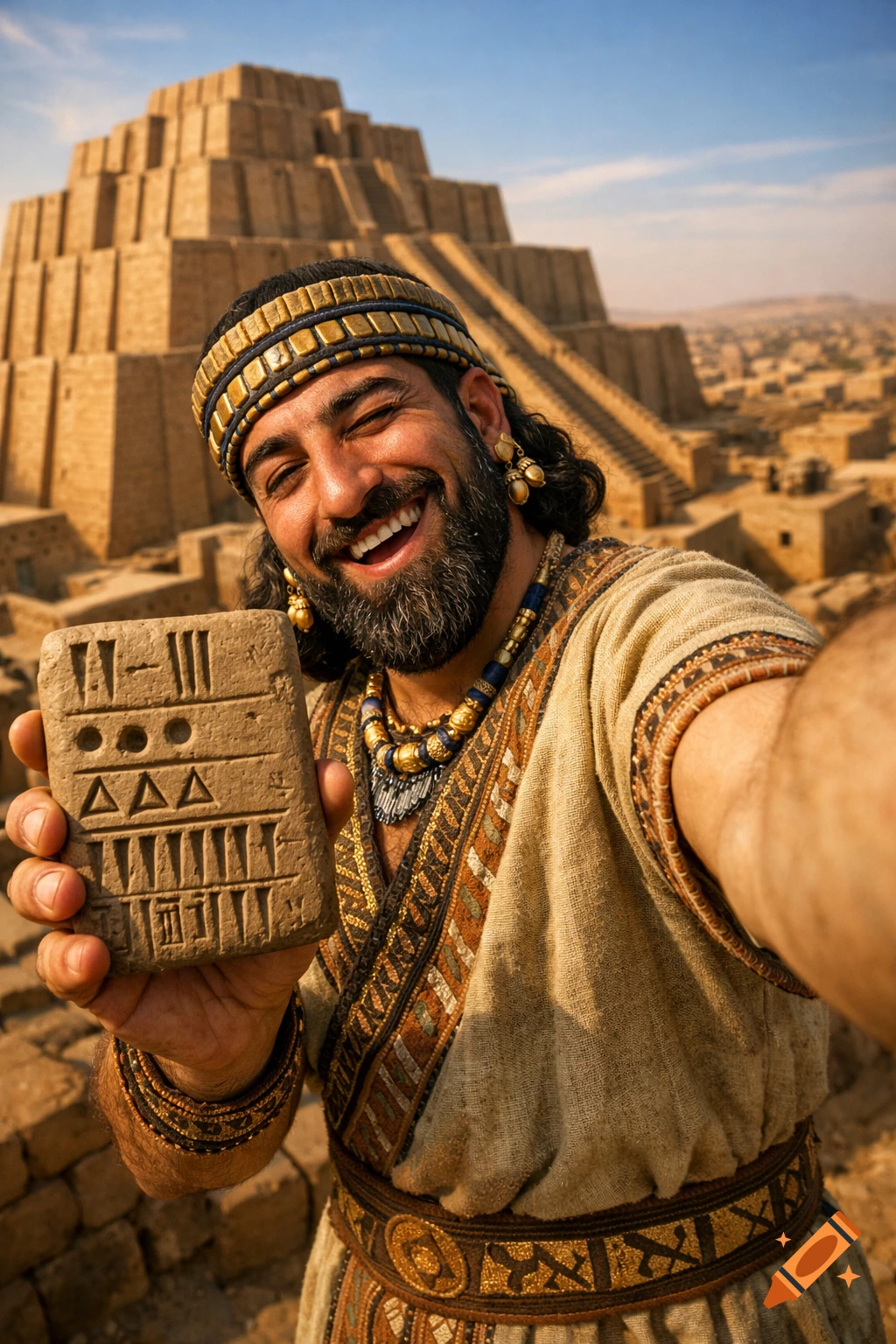 A smiling ancient Mesopotamian man in traditional clothing takes a selfie in front of a ziggurat, holding a clay tablet with cuneiform-like markings.