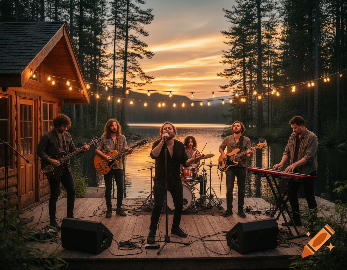 A band performs on a wooden deck by a lake at sunset, surrounded by tall pine trees and string lights.