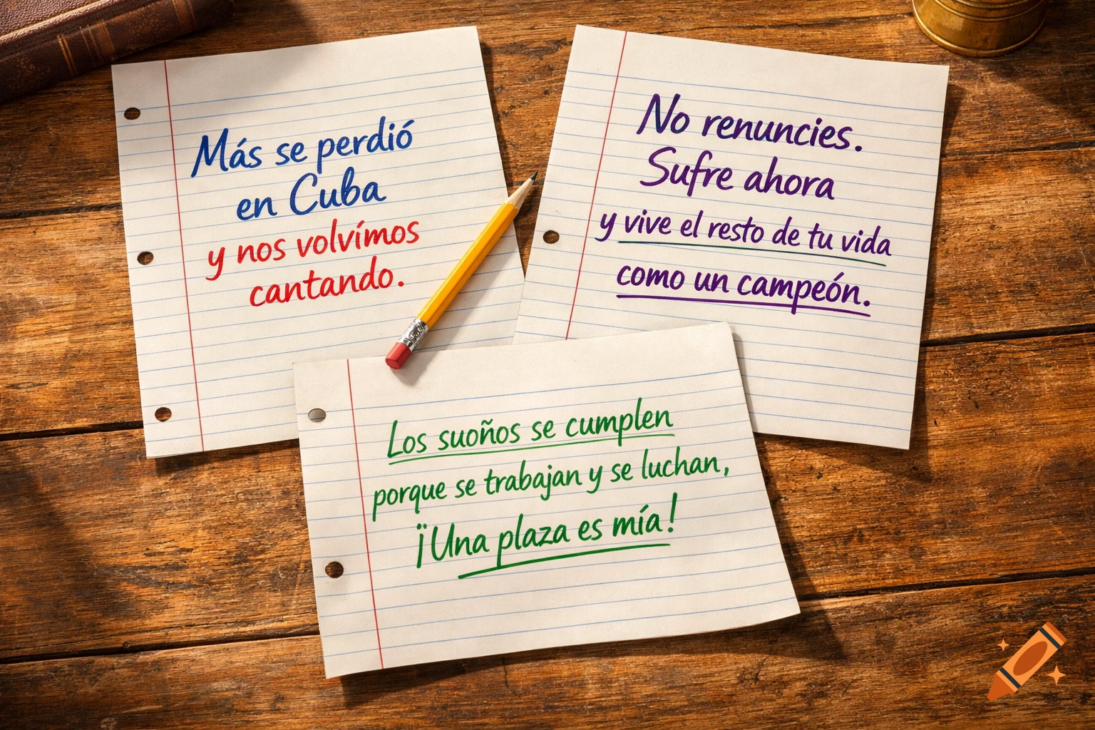 Three pieces of lined notebook paper with handwritten inspirational quotes in Spanish, a pencil, an old book, and a brass object on a rustic wooden table.