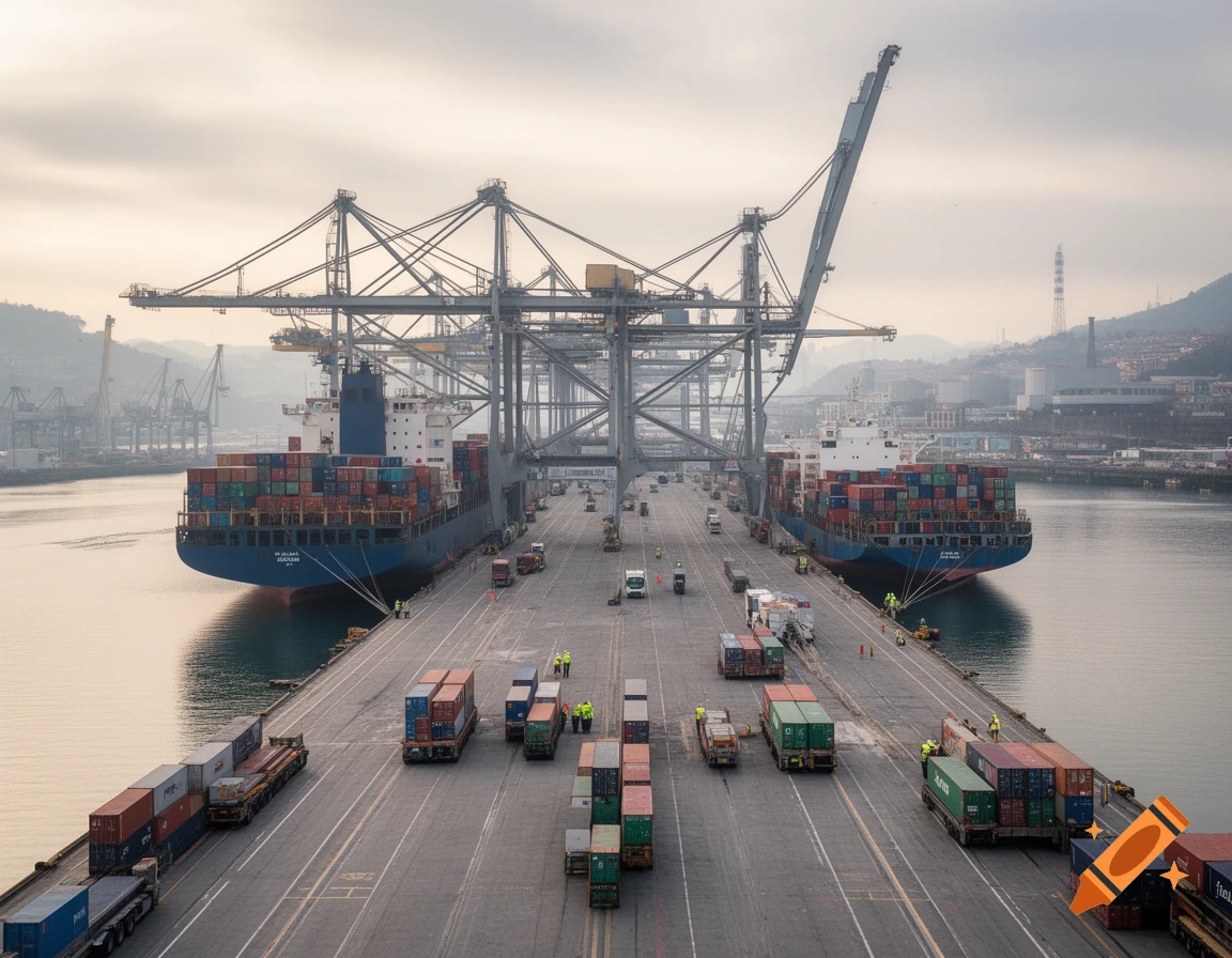 An aerial view of a busy industrial port with two large container ships docked, surrounded by cranes, trucks, and stacks of shipping containers under a cloudy sky.