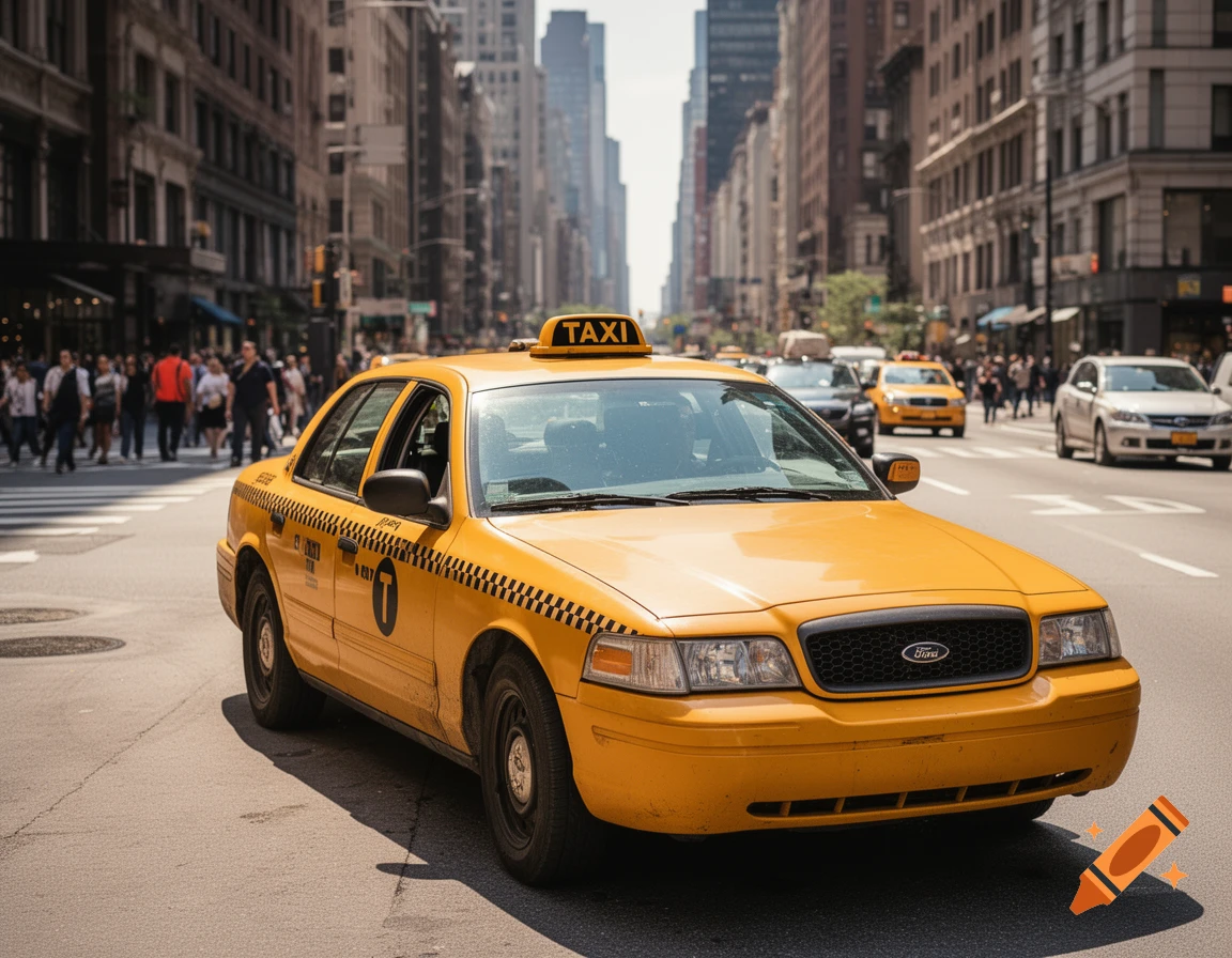 A bright yellow taxi cab on a busy city street with tall buildings and pedestrians in the background, in a photorealistic style.