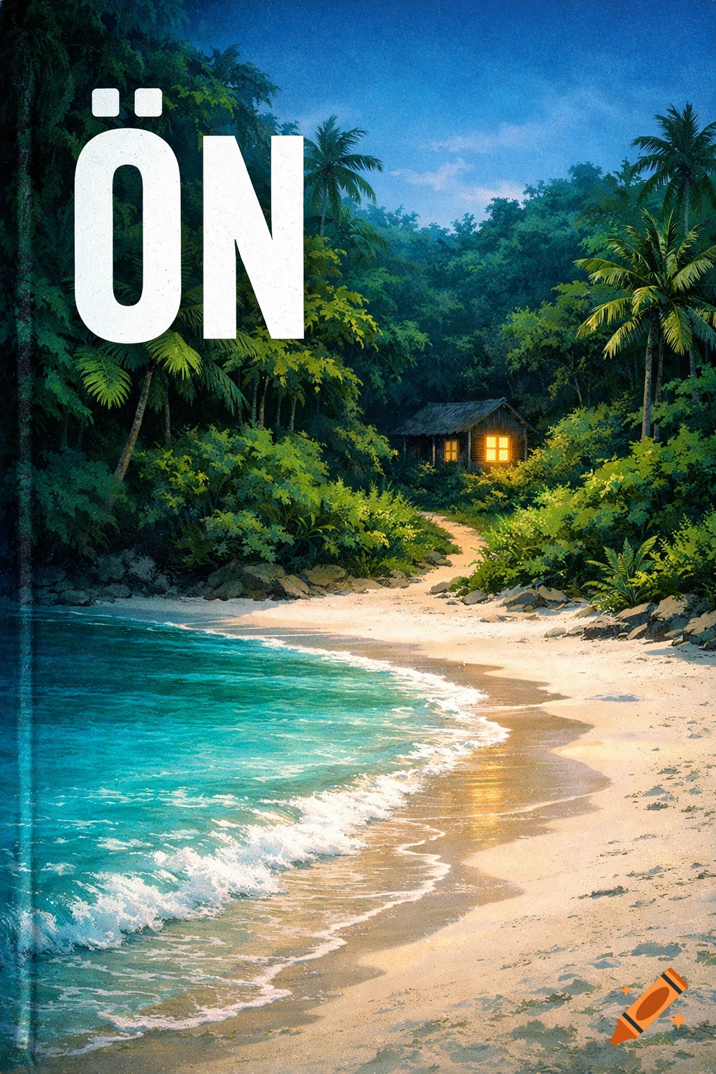 Book cover 'ÖN' showing a tropical beach, turquoise water, white sand, and a lush jungle with a glowing hut.