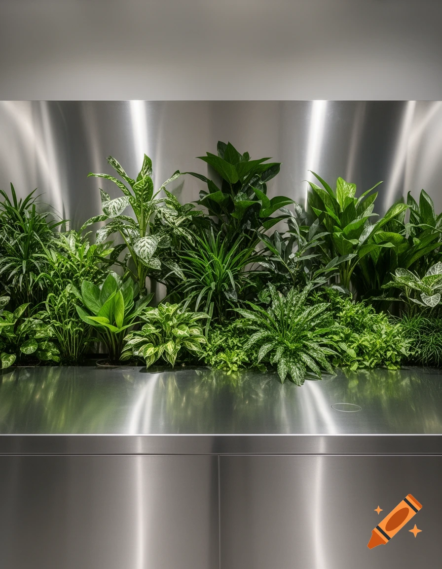 A modern arrangement of various green plants set against a reflective brushed metal background.