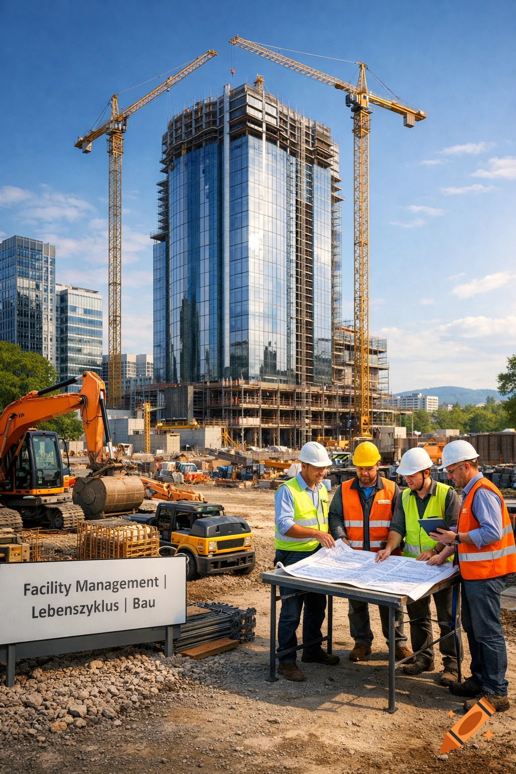 Photorealistic image of construction workers reviewing blueprints on a large construction site with a glass skyscraper and cranes under a blue sky.