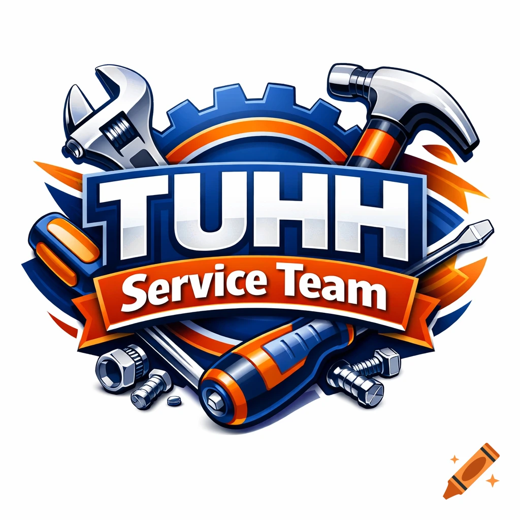 A vibrant logo featuring a blue gear, an orange banner with 'TUHH Service Team' in white text, surrounded by a silver wrench, hammer, screwdriver, nuts, and bolts.
