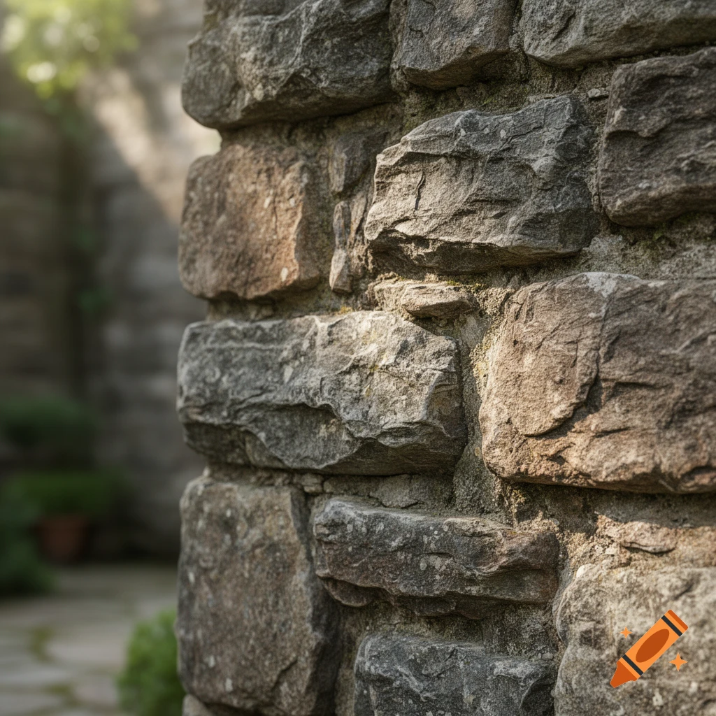 Photorealistic close-up of an old stone wall with rough grey and brown rocks, lit by sunlight.