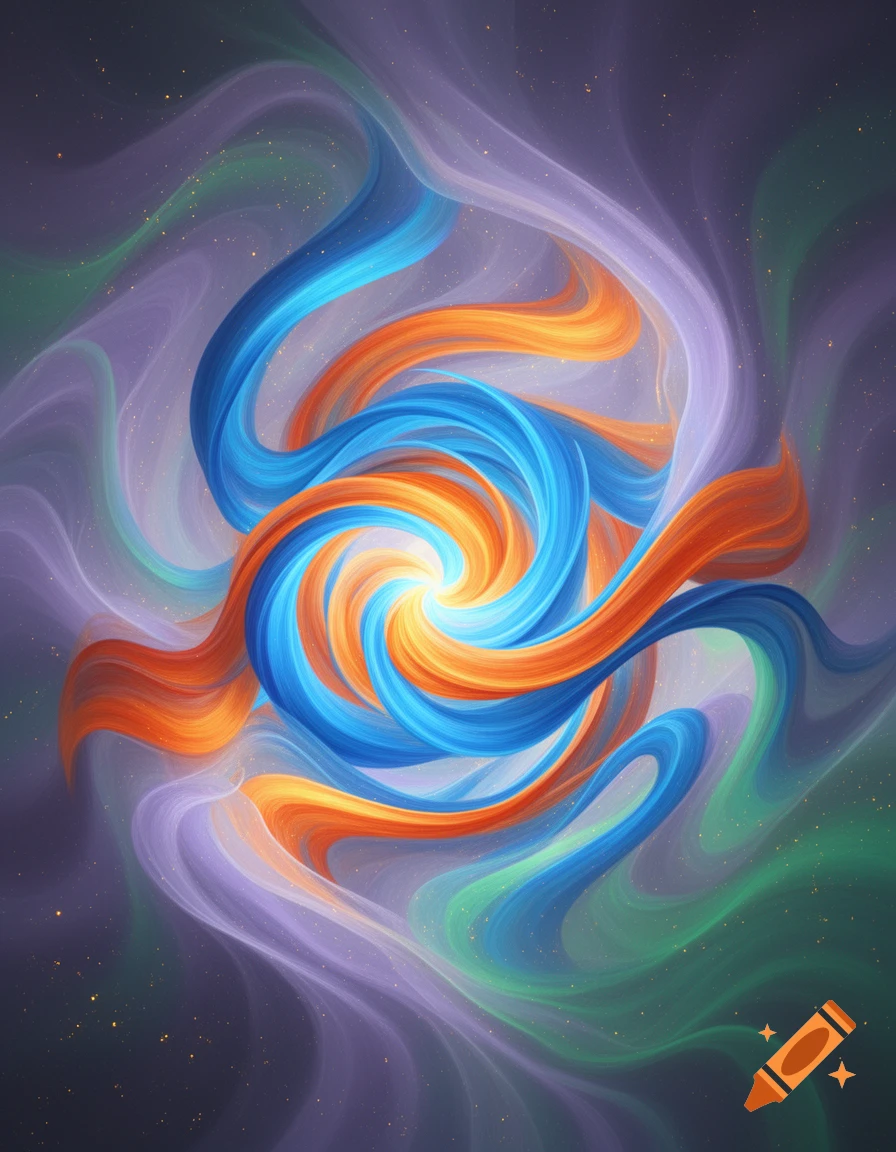 Abstract colorful swirl of orange and blue ribbons against a purple and green background with small light specks.
