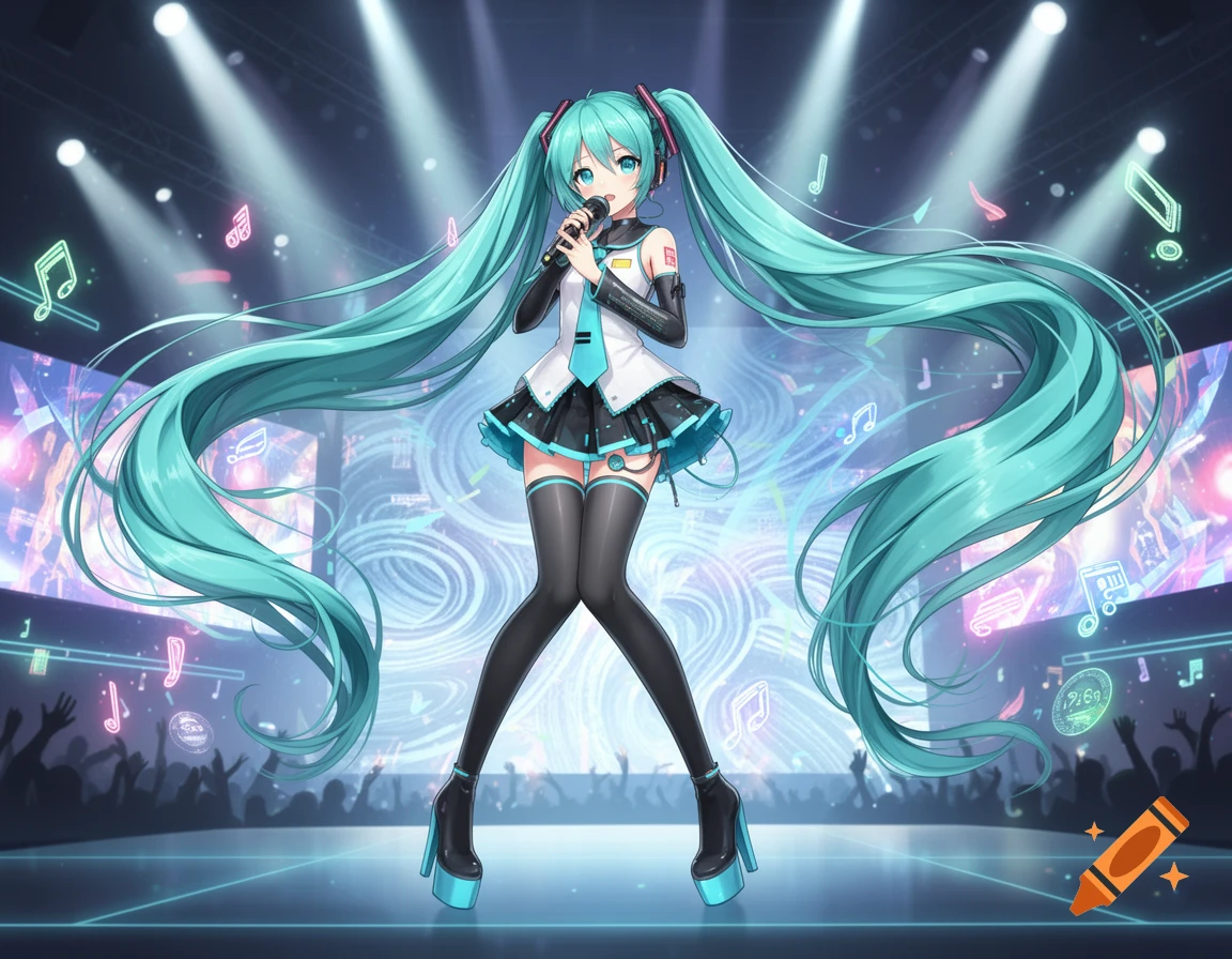 Hatsune Miku, a blue-haired anime character, sings on a stage under bright spotlights, surrounded by musical notes.