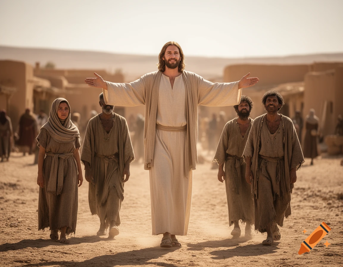 Jesus with outstretched arms welcomes a group of outcasts in a dusty, ancient village. Photorealistic style.