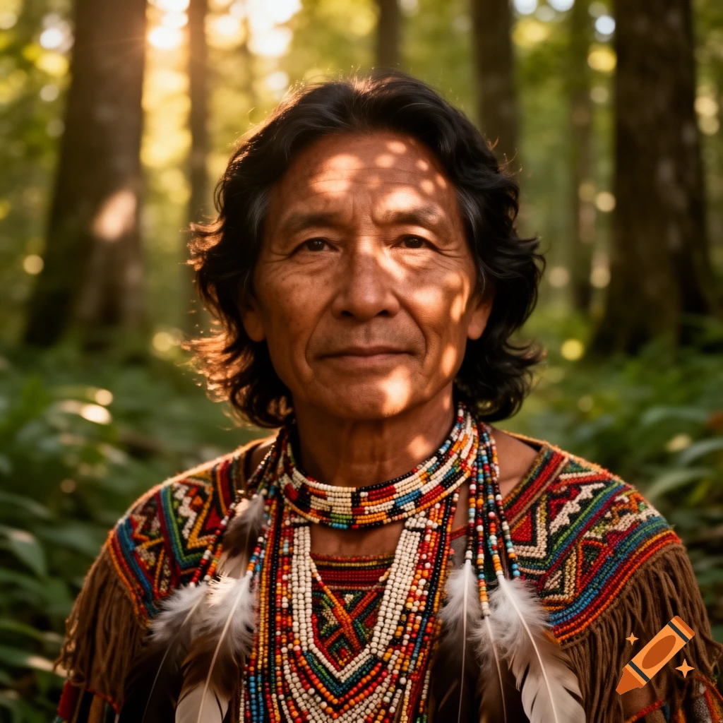 A photorealistic portrait of an indigenous man with long dark hair, wearing a colorful beaded necklace and fringed top, standing in a sunlit forest.