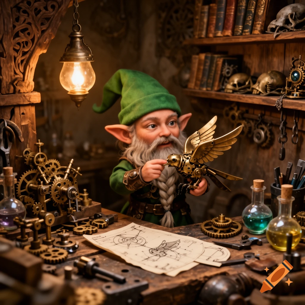 A bearded gnome artificer in a green hat works on a golden mechanical bird in a cluttered steampunk workshop.