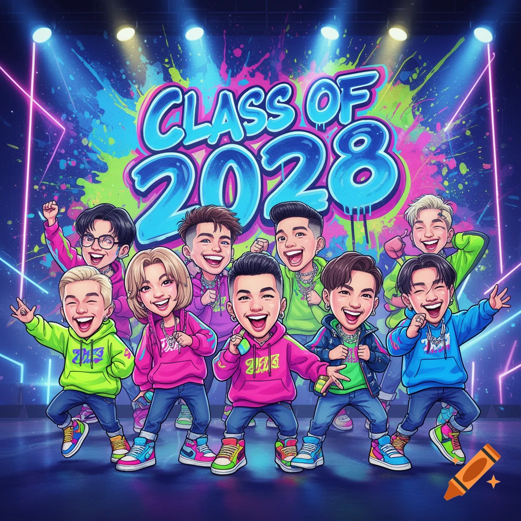 A vibrant cartoon of a K-pop inspired group of people posing on a stage with neon lights and a 'Class of 2028' backdrop.
