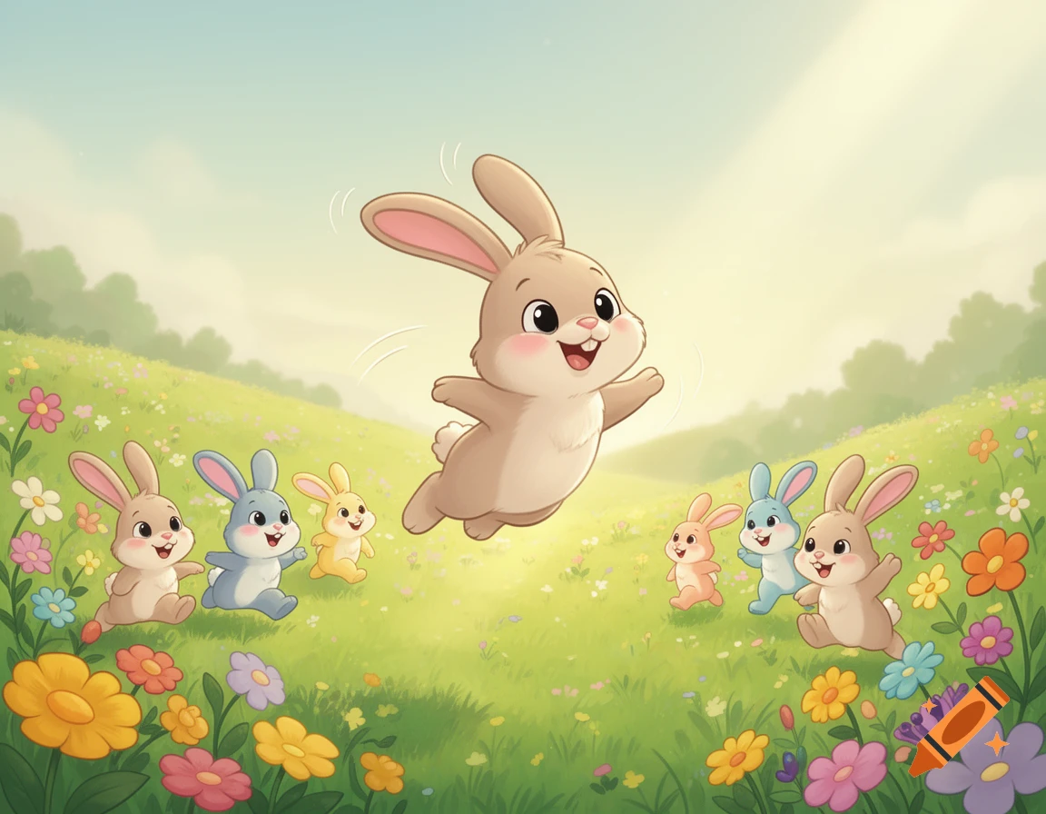 A cute cartoon rabbit jumps happily in a sunny, flower-filled field while other small rabbits run and play nearby.