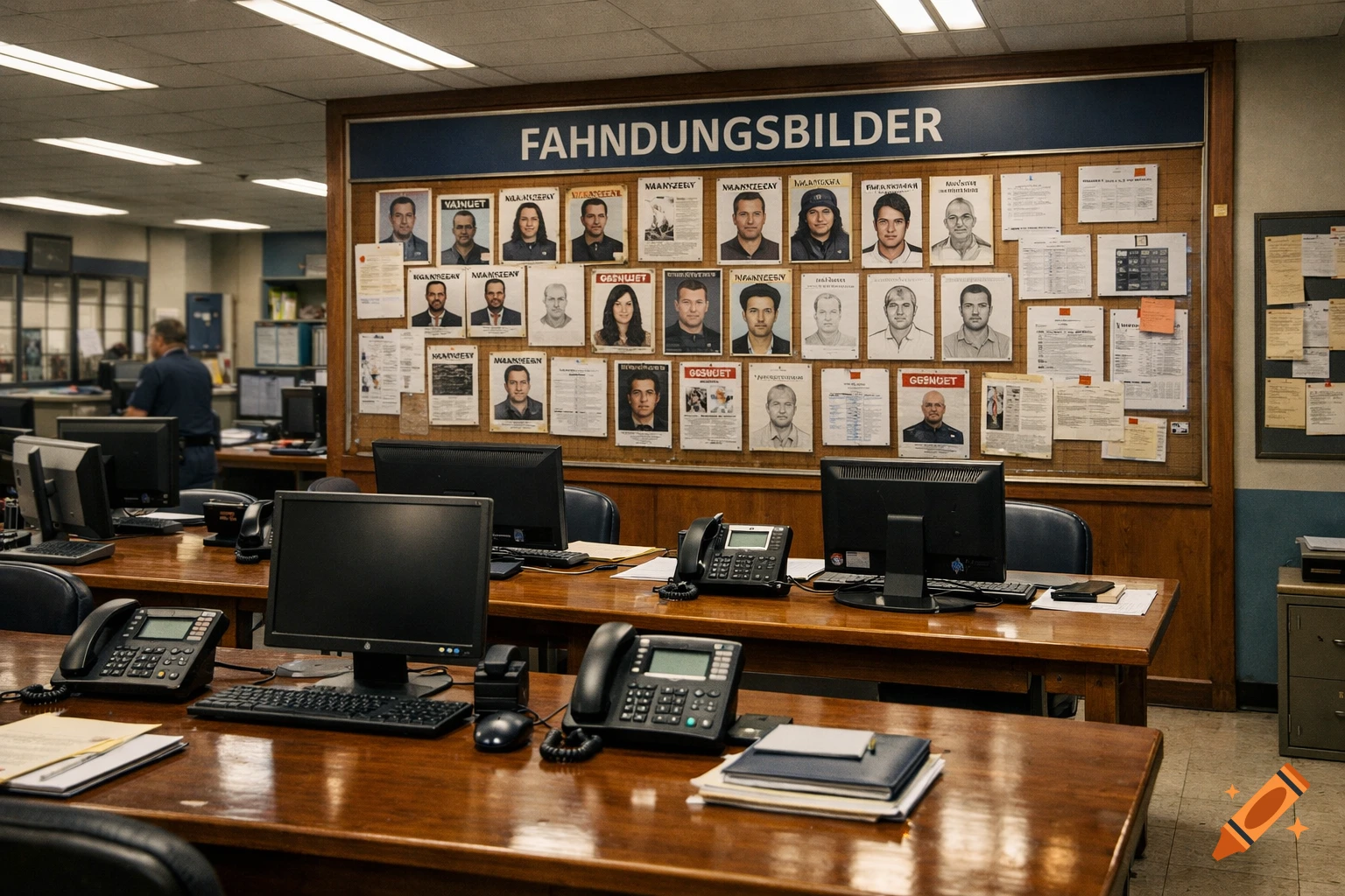 A photorealistic image of a German police station interior with wooden desks, computers, phones, and a bulletin board featuring "FAHNDUNGSBILDER" (wanted posters).