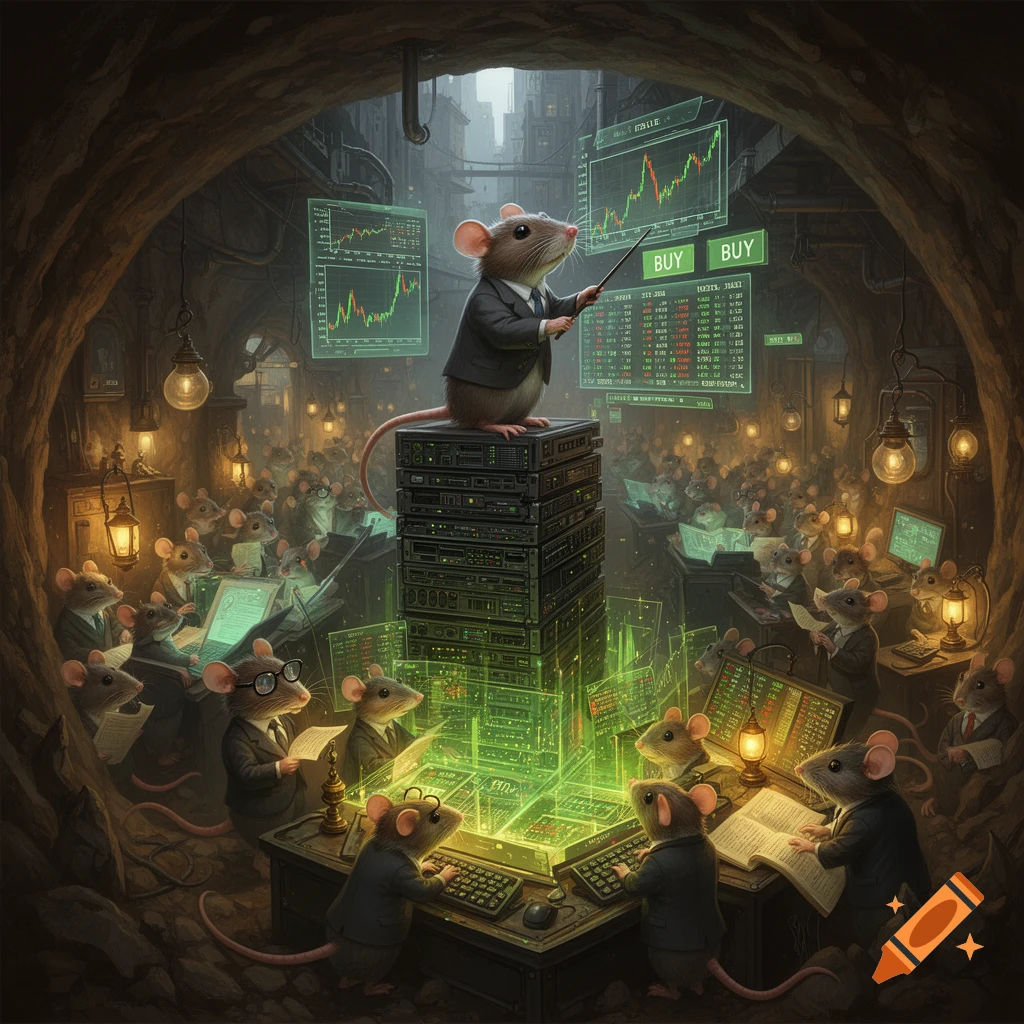 An elaborate, dark fantasy-style concept art showing anthropomorphic rats in suits controlling a bustling, glowing stock market from an underground lair, with a central rat lecturer.