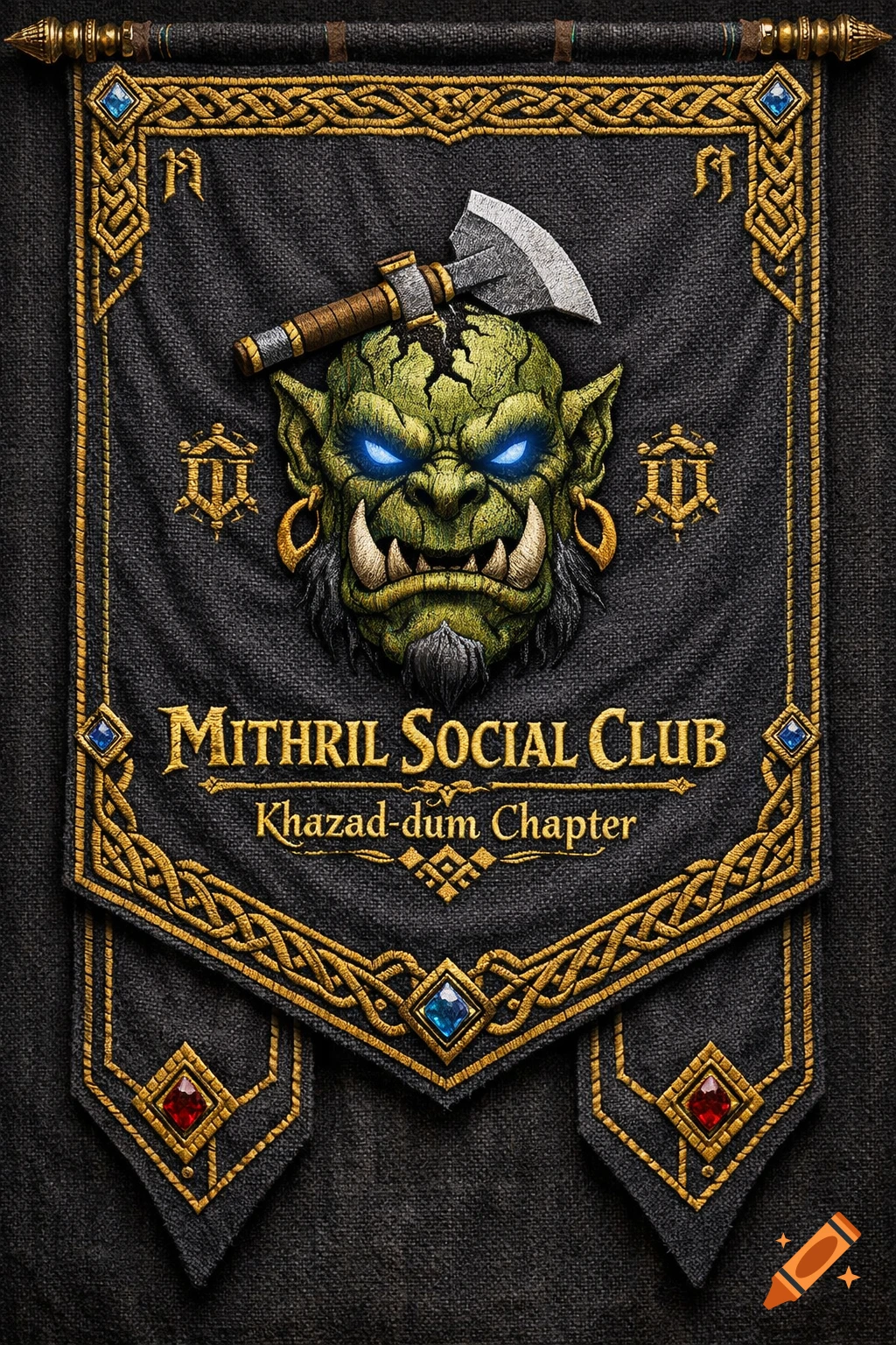 Dark charcoal banner with gold embroidered knotwork, gemstones, and a stylized orc head with an axe. Text: 'Mithril Social Club Khazad-dum Chapter'.