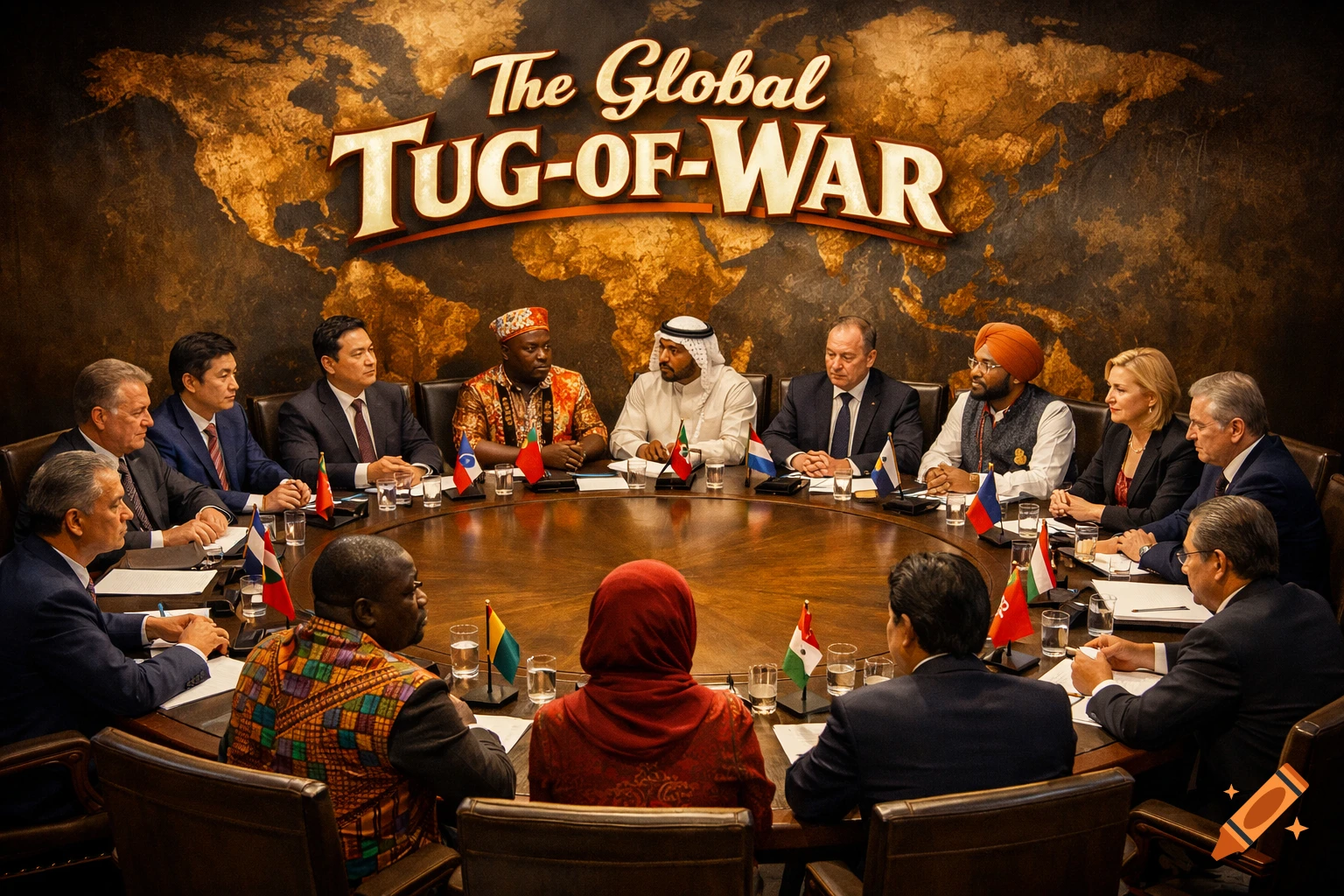 A diverse group of international representatives sits around a large round table beneath a world map with the title 'The Global TUG-OF-WAR'.