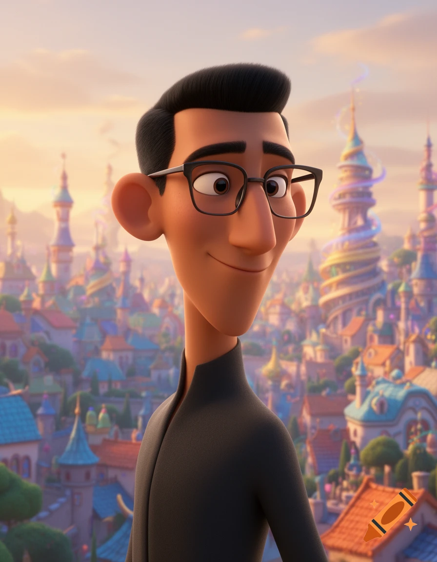 A smiling man with light brown skin, short black hair, and glasses, against a vibrant, whimsical fantasy city background, in a Pixar 3D animation style.