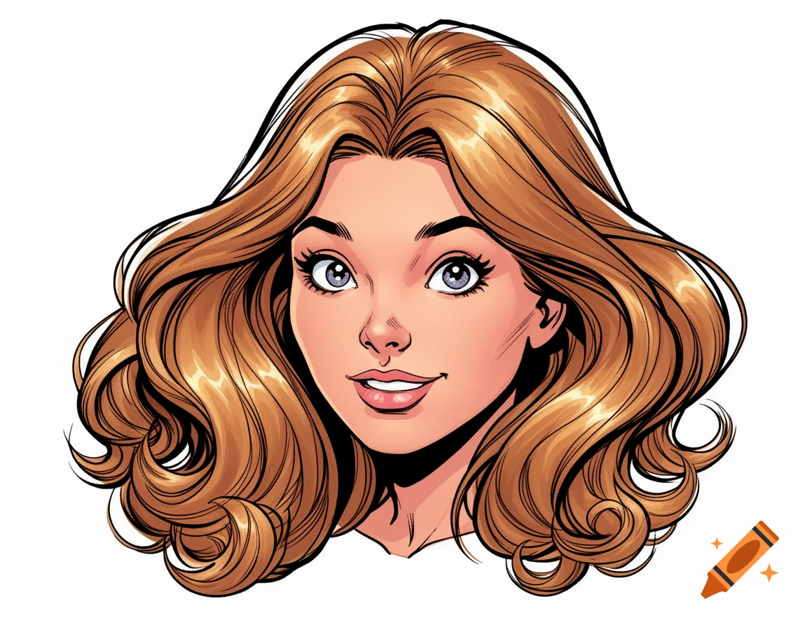 Comic book style portrait of a smiling girl with long, wavy light brown hair and blue eyes.