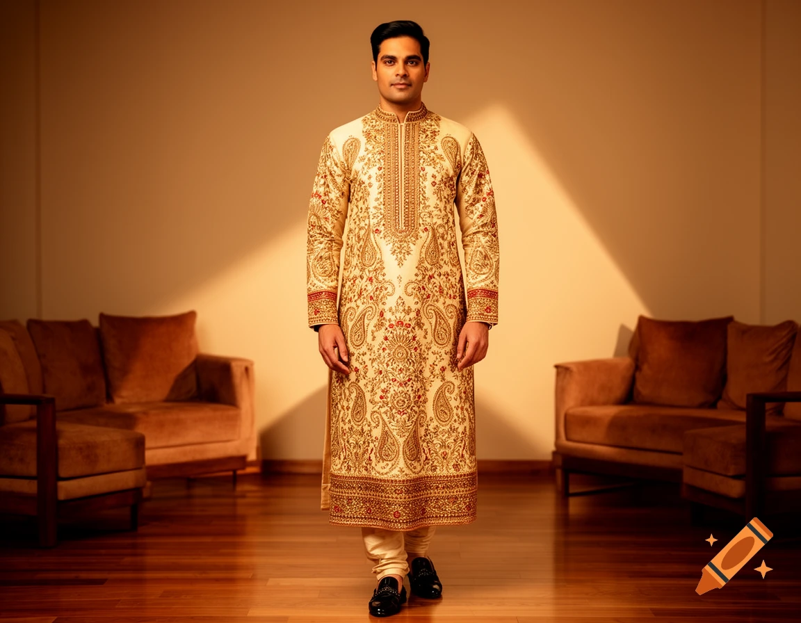 A man stands centered in a room, wearing a cream and gold embroidered traditional Indian kurta. Two brown sofas are in the background.