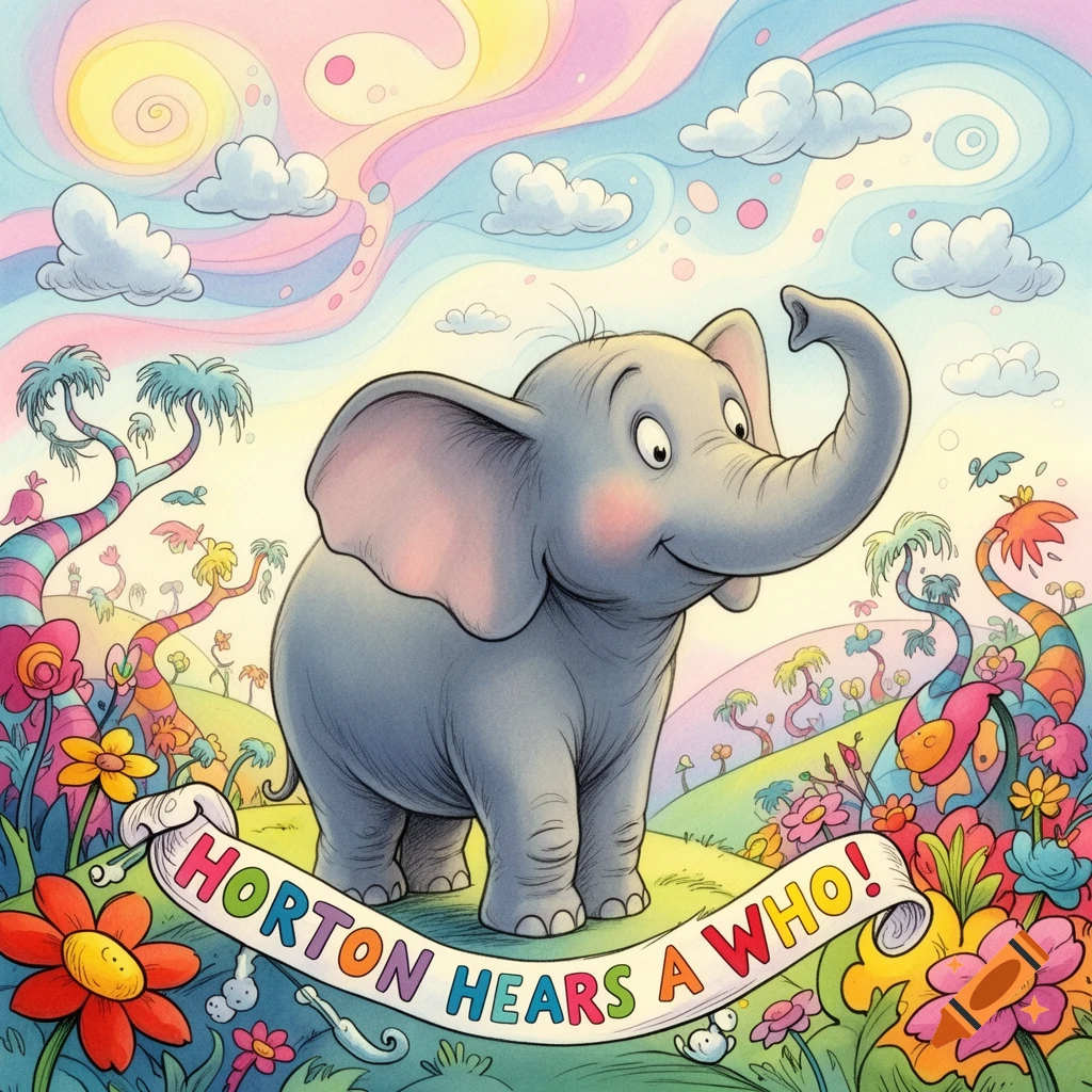 Cartoon elephant in a vibrant, whimsical Dr. Seuss landscape, holding a banner 'HORTON HEARS A WHO!'.