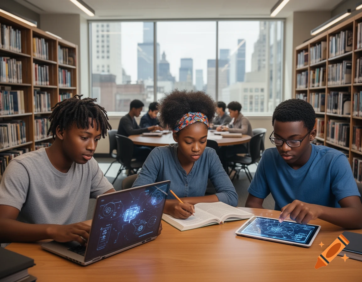 African American teenagers studying in a bright, modern library with laptops and tablets, surrounded by bookshelves and a city view.