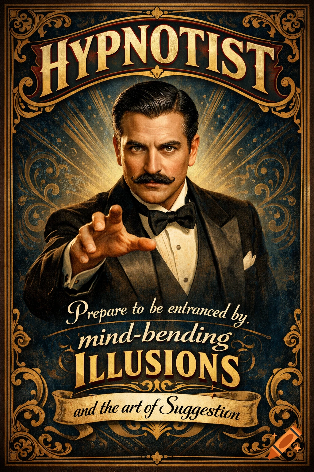 Vintage poster of a male hypnotist in a tuxedo reaching forward, with ornate gold borders and text 'HYPNOTIST' and 'ILLUSIONS'.