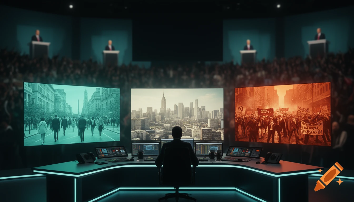 A silhouetted figure at a sleek control desk faces three large screens, displaying a peaceful city, a neutral cityscape, and a chaotic protest scene.