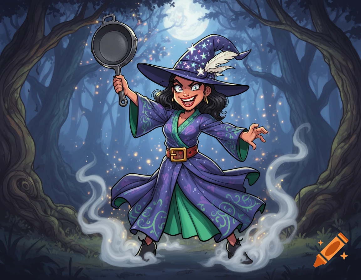 A sassy comic witch in a purple robe and pointed hat, holding a pan aloft, stands in a magical forest at night.