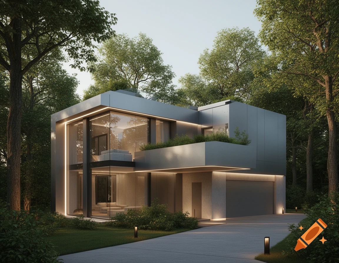 Photorealistic modern house with large windows, glowing architectural accents, and a concrete driveway, surrounded by lush green trees.