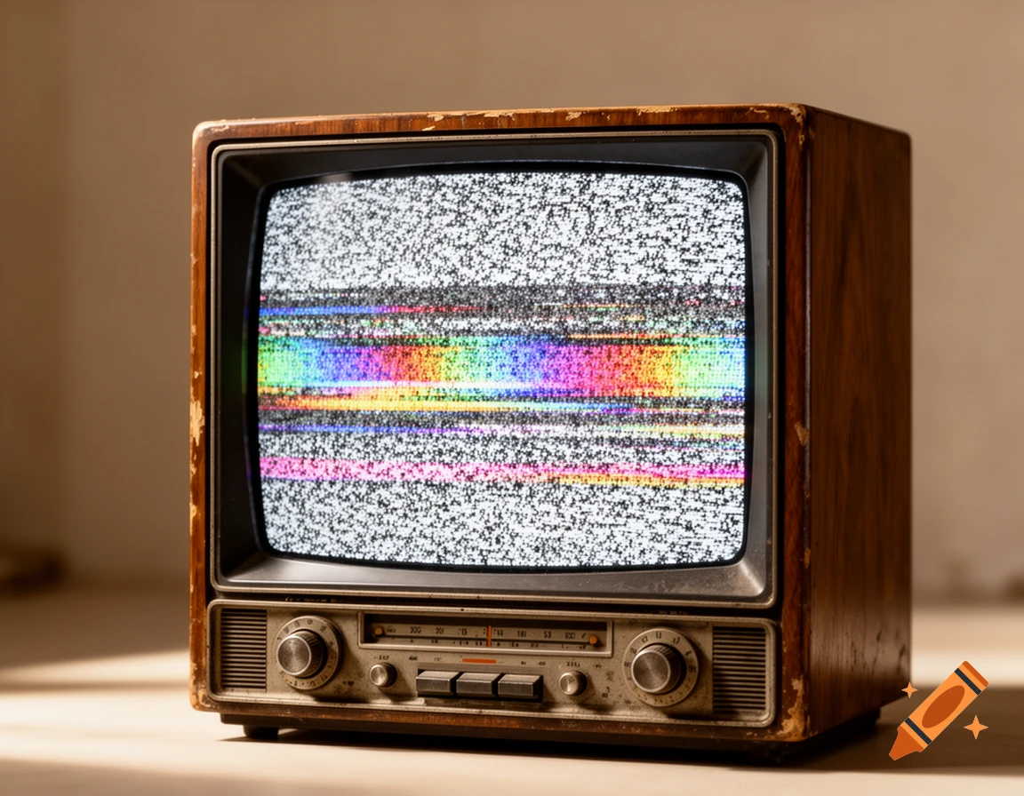 A retro wooden television set with a screen displaying colorful static and white noise.