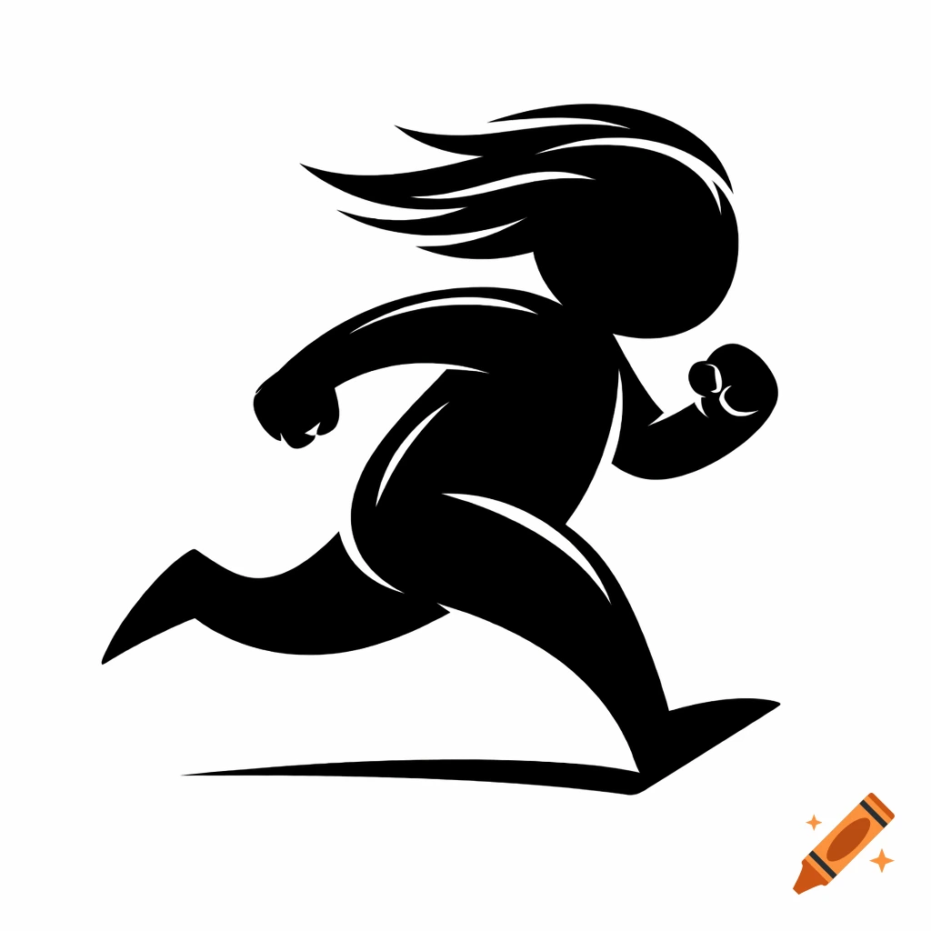 Black stylized minimalist silhouette of a running person with hair blowing in the wind.