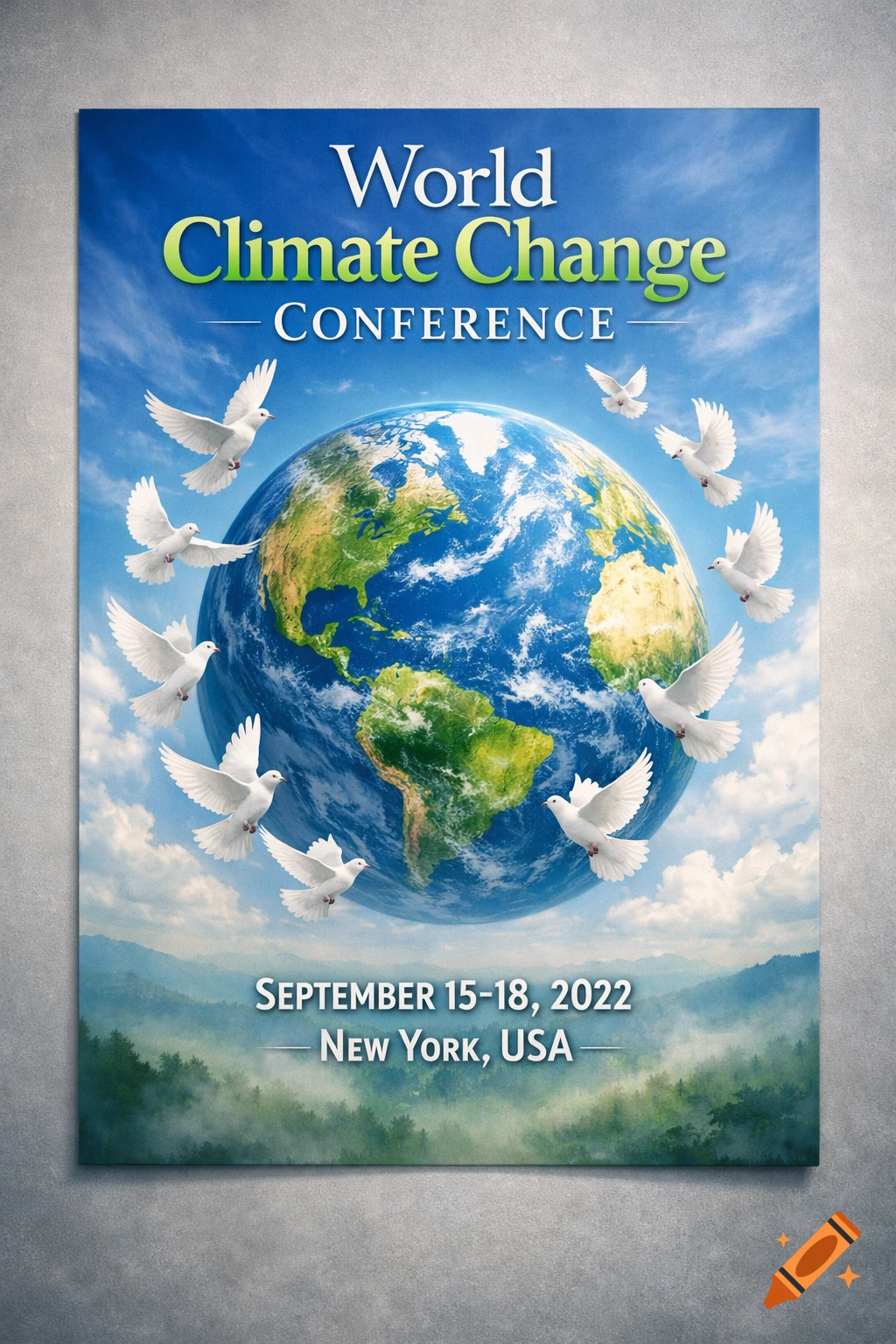 Poster for a World Climate Change Conference featuring Earth, white doves, and text against a blue sky and misty mountains.