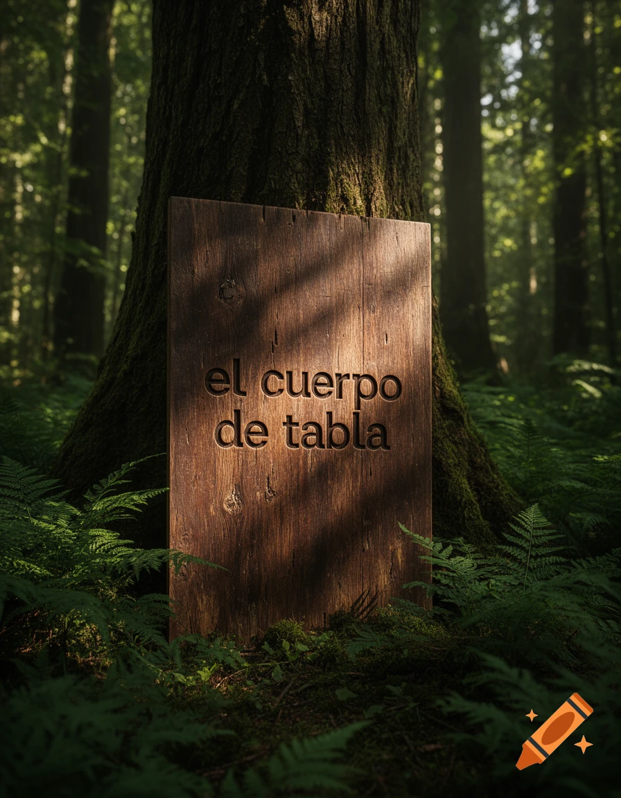 A wooden sign with "el cuerpo de tabla" carved into it stands at the base of a large tree in a lush, sun-dappled forest.