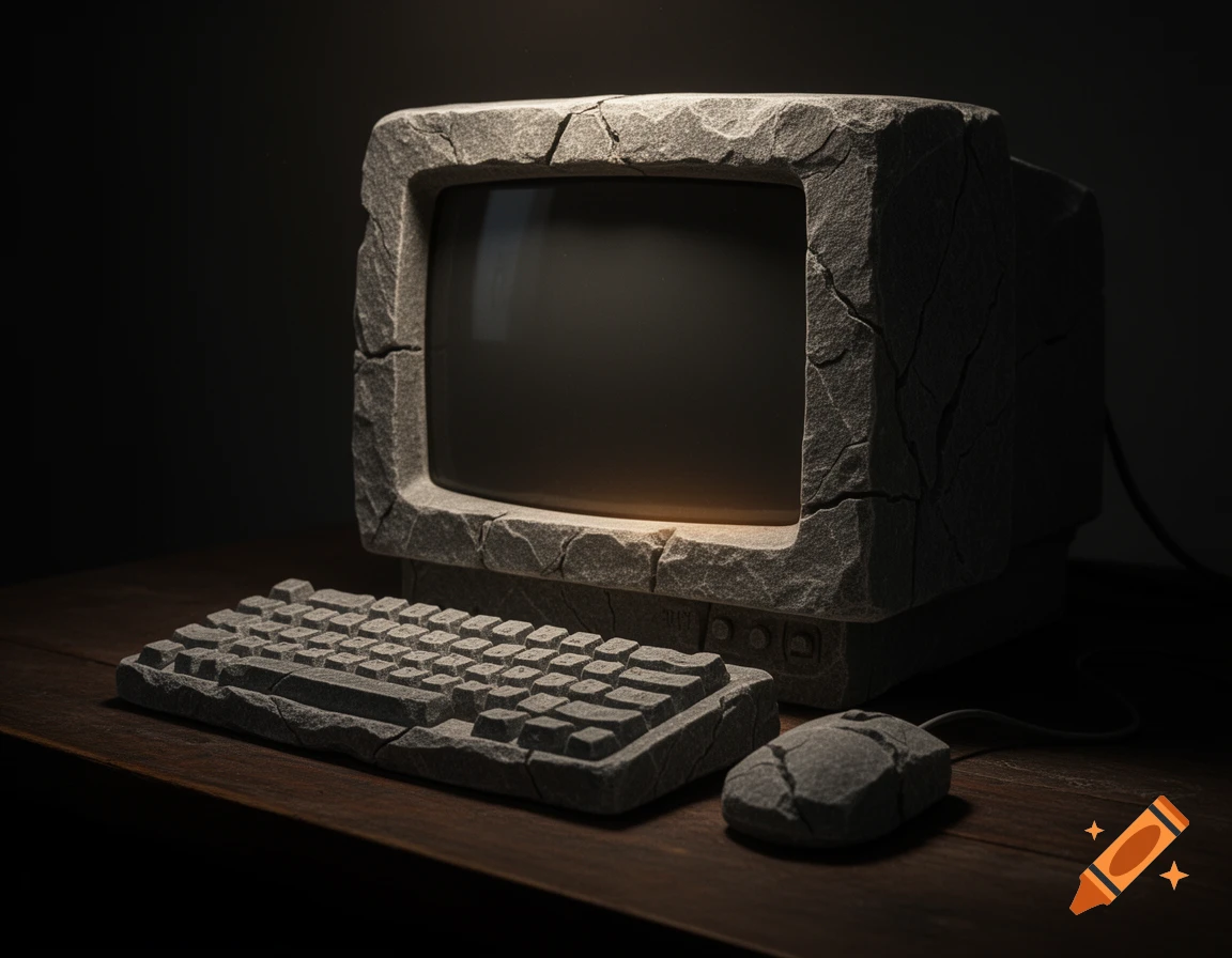 An old, dim CRT computer, keyboard, and mouse appear carved from rough gray stone with cracks, sitting on a wooden desk in deep shadow.