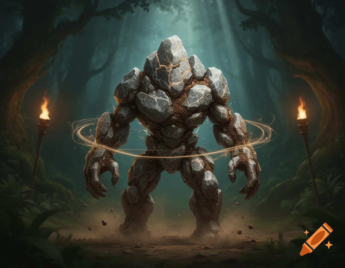 A powerful rock elemental stands in a dark, mystical forest, illuminated by two flaming torches.