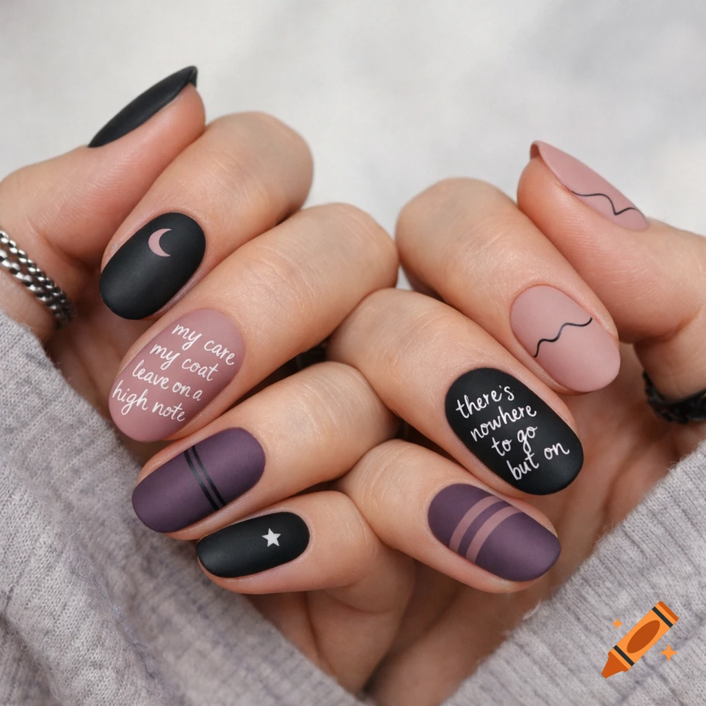 Close-up of hands with matte black, purple, and dusty pink nails featuring text, crescent moon, star, wavy lines, and stripes.