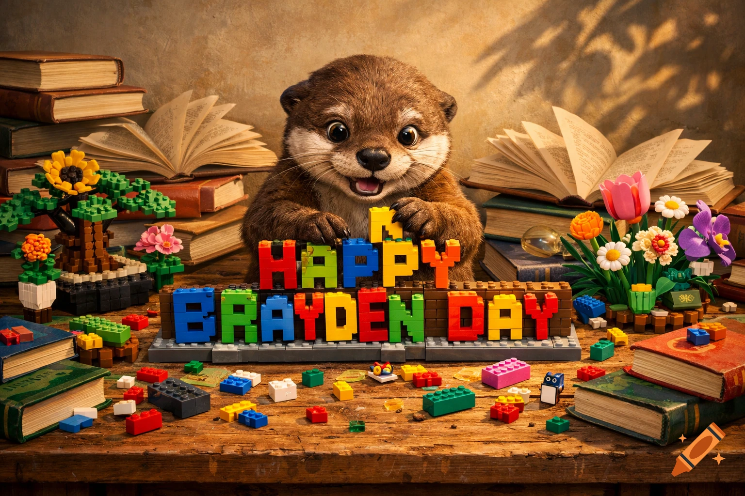 A cute otter holds colorful Lego blocks spelling "HAPPY BRAYDEN DAY" on a wooden table with books and Lego flowers.